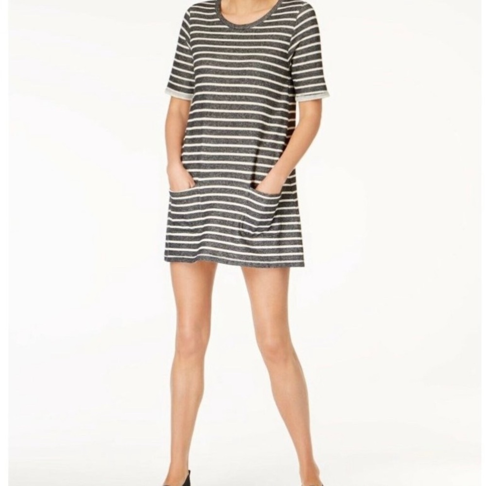 French Connection T-shirt dress, size 8. Gray blue color stripes. Heavier fabric